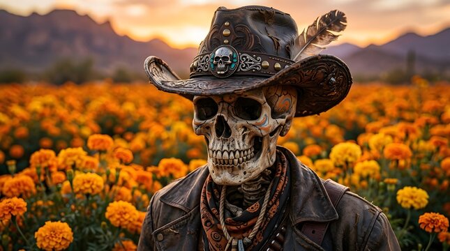 Skeleton cowboy wearing a decorative hat in a field of orange marigold flowers