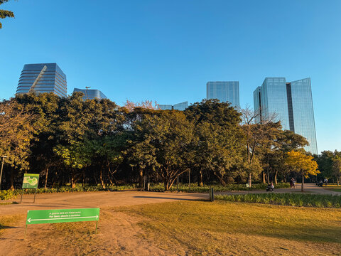 Parque do Povo, Park in Sao Paulo with the modern skyline of Villa Olympia. Sao Paulo, Brazil.