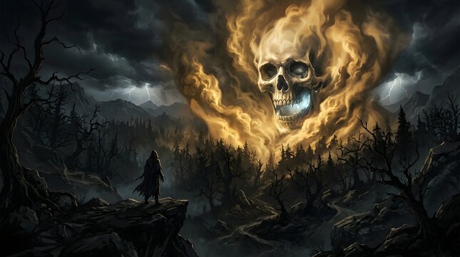 Dark fantasy landscape featuring a lone hooded traveler facing a giant spectral skull emerging from golden smoke over a gloomy forest