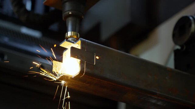 Laser cutting torch slicing notched rectangular steel tube with molten glow, bright sparks, precise industrial edge shaping and clean metal fabrication in dark workshop setting