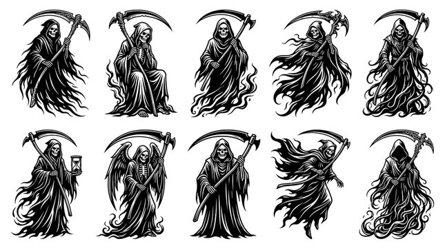 Collection of grim reaper illustrations isolated on white background