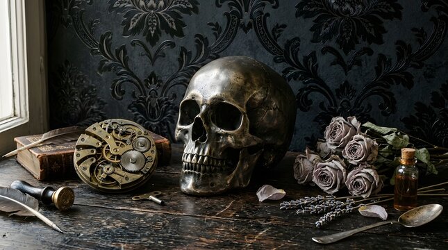 A metallic skull surrounded by vintage clockwork gears, dried roses, and antique writing tools on a dark wooden table
