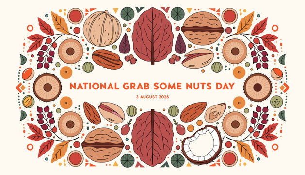 Colorful flat vector illustration featuring various healthy nuts and leaves