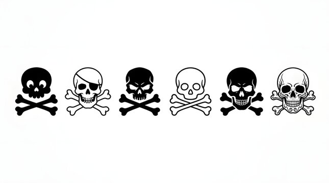 A diverse set of six different skull and crossbones icons and symbols featuring various artistic styles from minimalist to detailed