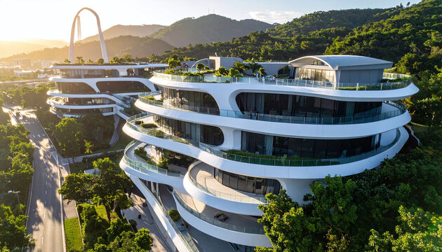 Stunning aerial view of futuristic, luxury residential buildings with curved terraces and lush rooftop gardens at sunrise, evoking a sense of elegant ecological harmony. Nobody.