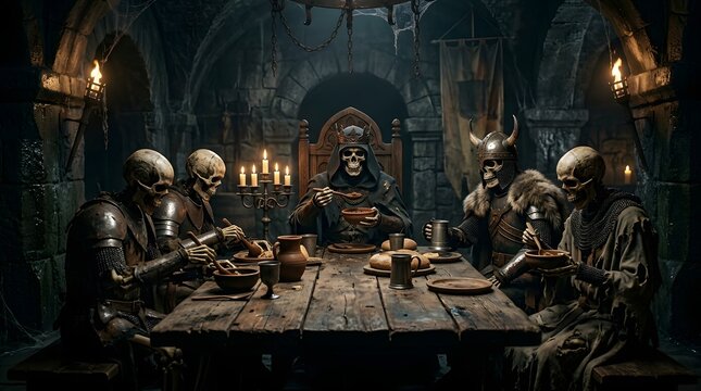 Skeletal king and knights dining in a dark medieval dungeon