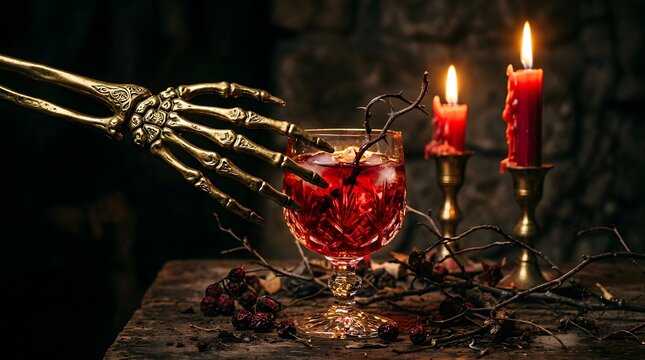 Golden skeletal hand reaching for a glass of red wine