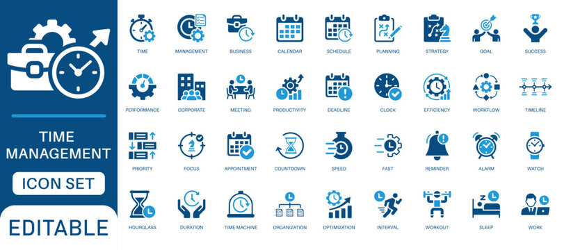 Time management icon set. Featuring business productivity, calendar, schedule, planning, deadline, optimization, clock tracking,  workflow, efficiency and more icons.