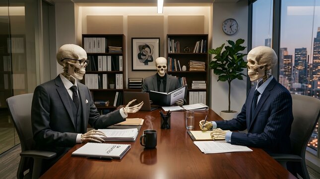 Three skeletons in business suits having a professional meeting in a boardroom