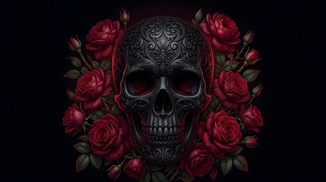 Intricate black ornamental skull surrounded by deep red roses on a dark background