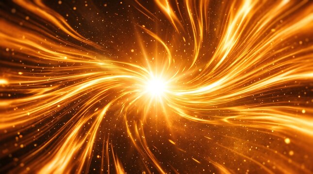 Golden energy burst with glowing light trails, abstract fire swirl background, cosmic explosion of orange sparks, radiant sun flare motion effect