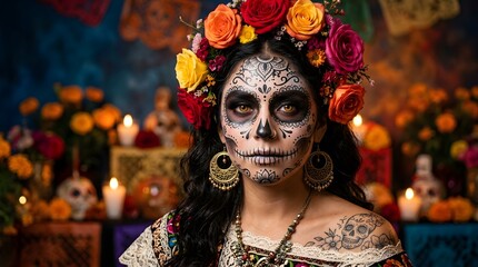Woman with intricate sugar skull makeup and floral crown posing in front of a traditional day of the dead altar with candles