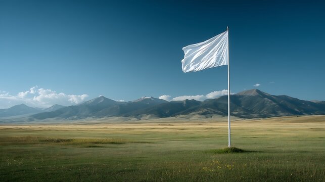 Plain white flag flying on a flagpole in a vast open field under bright daylight, featuring a clean minimalist composition, ideal for mockups, templates, and design concepts.