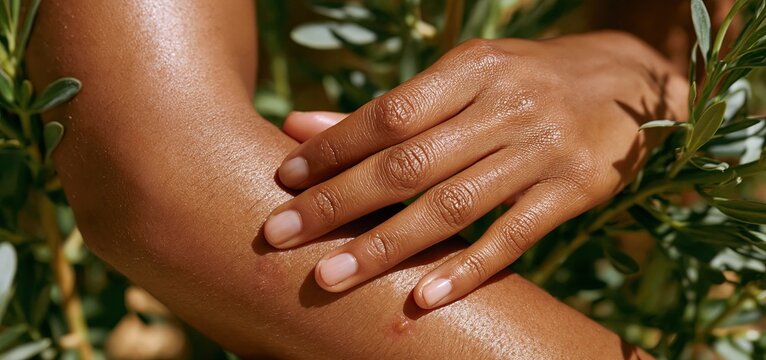 A hand tenderly calming insect bites on deep brown skin in natural sunlight, highlighting skincare comfort.