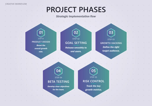 Project phases strategic implementation flow showing product design goal setting growth hacking beta testing risk control with hexagon shapes.