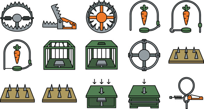 Animal and rodent trap vector icon set featuring cages snare loops spikes and carrot bait designs