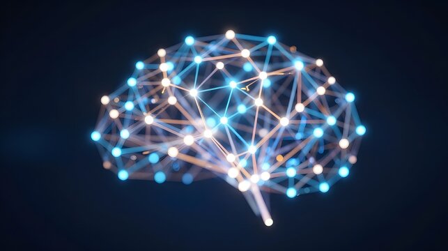 Blue and white glowing neural network brain with connections and nodes on dark background symbolizing artificial intelligence and data