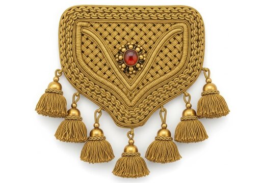 Traditional embroidered clutch with fringe and bells isolated on white background