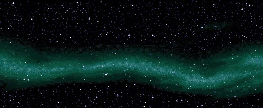 Continuous pixelated video game nebula backdrop. Wide star-filled midnight cosmic scene in classic pixel art design with dithering texture for 8-bit retro gaming. Illustration.