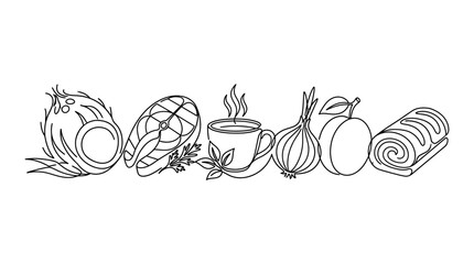 Fototapeta premium Fresh Food Assortment Sketch: Coconut, Salmon Steak, Hot Drink, Onion, Peach, Bread Roll