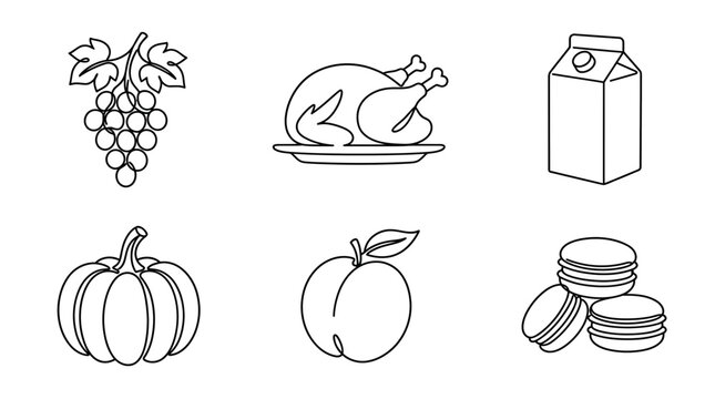Thanksgiving Food Icons: Grapes, Turkey, Milk, Pumpkin, Peach, Macarons - Outline