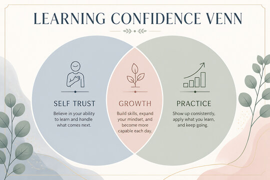 An infographic displays a Learning Confidence Venn diagram with three overlapping concepts: Self Trust, Growth, and Practice.