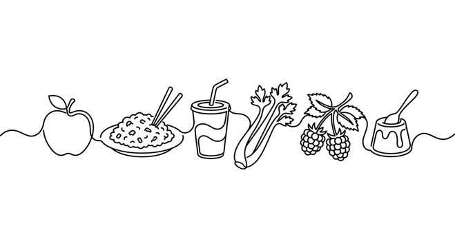 Healthy Food Line Art: Apple, Rice, Drink, Celery, Berries, Dessert