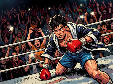 A determined young boxer crouching in a boxing ring ready for a fight.