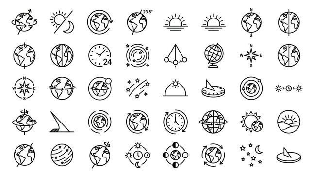 Vector Icon Set of hand drawn globe and time icons for global navigation and astronomy. EPS Editable