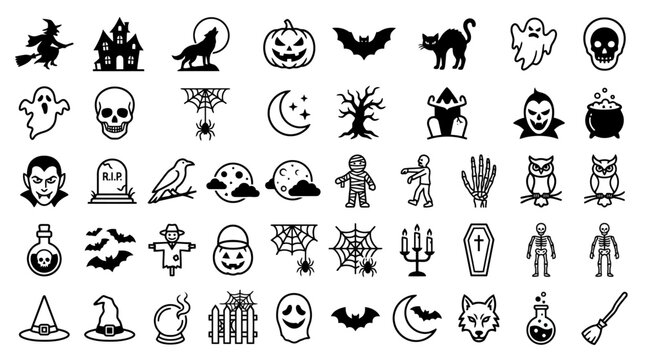 Vector Icon Set of hand drawn halloween icons and spooky holiday elements for festive design. EPS Editable