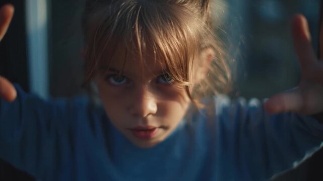 Child girl face blue eyes blonde hair close up portrait serious focused indoors natural light casual young expression looking front person human kid childhood emotion youth female determined intense
