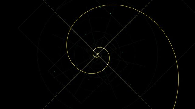 Golden ratio Fibonacci spiral animation with geometric lines on black.