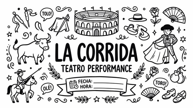 Corrida de Toros Black and White Hand Drawn Spanish Doodle Illustration