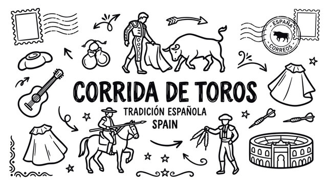 Corrida de Toros Black and White Hand Drawn Spanish Doodle Illustration