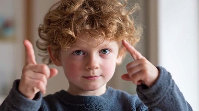Curly hair child with blue eyes wearing gray sweater pointing fingers forward and upward confidently indoors casual clothing portrait soft natural light kid confident pointing fingers playfully