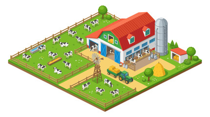 Fototapeta premium Cow Farm Isometric Digital Illustration With Dairy Barn and Cattle