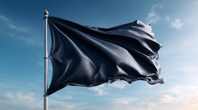 Plain black flag waving in the wind against a clear blue sky, featuring realistic fabric texture and a clean minimalist composition, ideal for mockups and creative designs.
