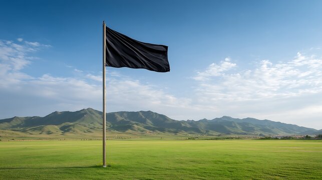 Plain black flag flying on a flagpole in a vast grassy field under bright daylight, featuring a clean minimalist outdoor scene ideal for mockups, branding, and design.