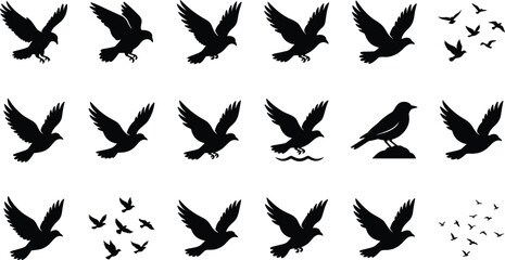 Flying bird silhouette vector icon set featuring migratory flock formations and freedom concept element designs © Shukimon