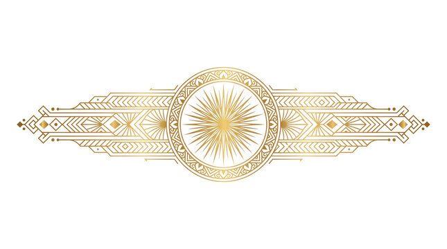 Art deco gold divider with sunburst motif, vintage geometric luxury border, elegant golden symmetrical filigree for wedding invitations and premium branding isolated PNG with Transparent