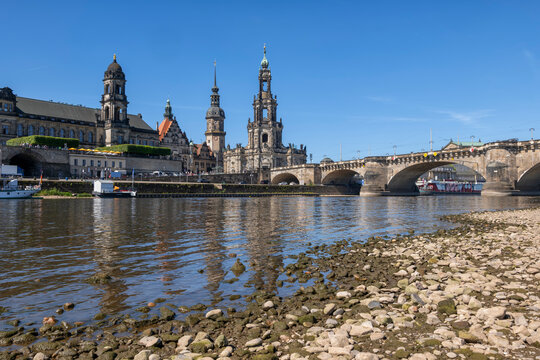 Dresden old town skyline and Augustus Bridge over the river Elbe