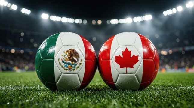Mexico vs Canada Soccer Match Concept. Two national flag footballs representing Mexico and Canada on a vibrant green stadium pitch under bright lights, symbolizing a sporting rivalry or internation...