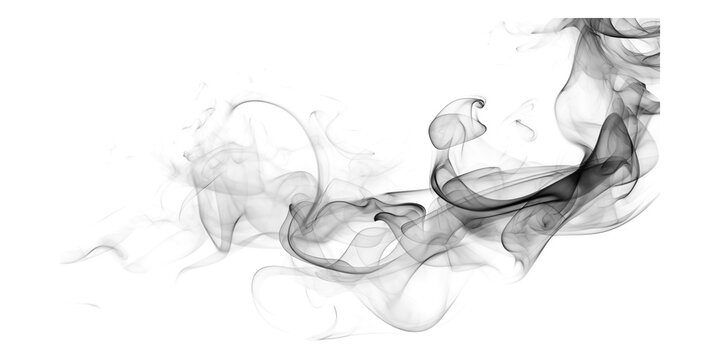 Gray smoke swirling on isolated transparent background with abstract shapes and curves