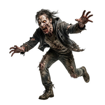 Aggressive running zombie with glowing eyes isolated on transparent background