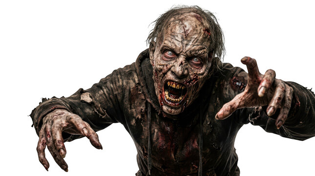 Fierce zombie reaching forward with aggressive expression isolated on transparent background