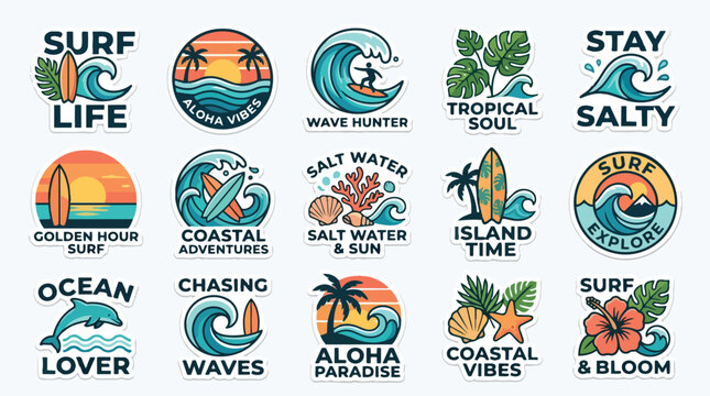 Set of fifteen vintage surf and coastal summer badges and stickers.