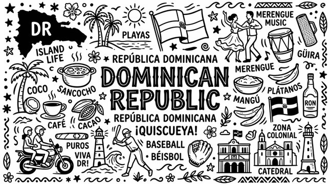 Dominican Republic Black and White Hand Drawn Travel Doodle Illustration