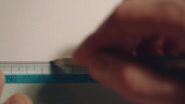 Close-up view of blurred hand crossing beige paper beside ruler and pencil tip, with soft indoor light, warm neutral tones, fine texture, and shallow focus creating calm measurement and drafting mood