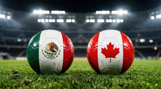 Mexican and Canadian national flag soccer balls face off on a vibrant green stadium pitch under bright lights, symbolizing international football competition and rivalry.