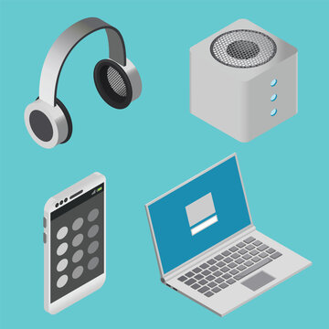 Isometric 3d sound and music gadgets personal entertainment objects. isolated illustration for creative design.